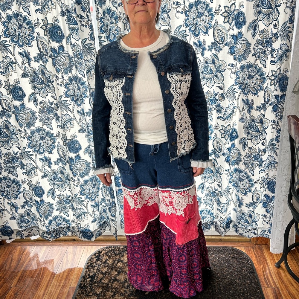 Denim Jean Jacket with White Lace Trim - Women's Blue Jean Jacket